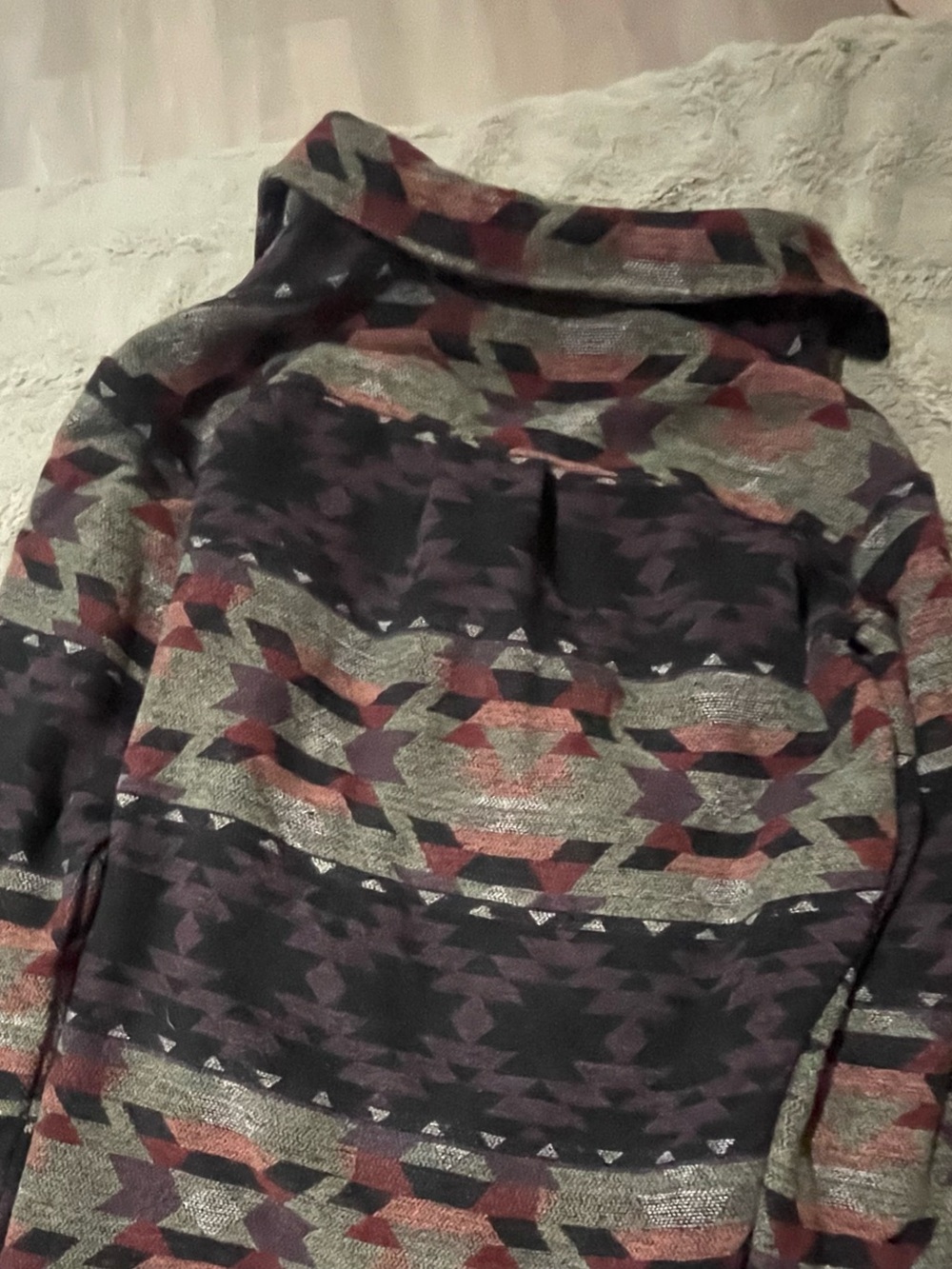 Maurices Geometric Open-Front Sweater Cardigan in Olive, Burgundy and Black